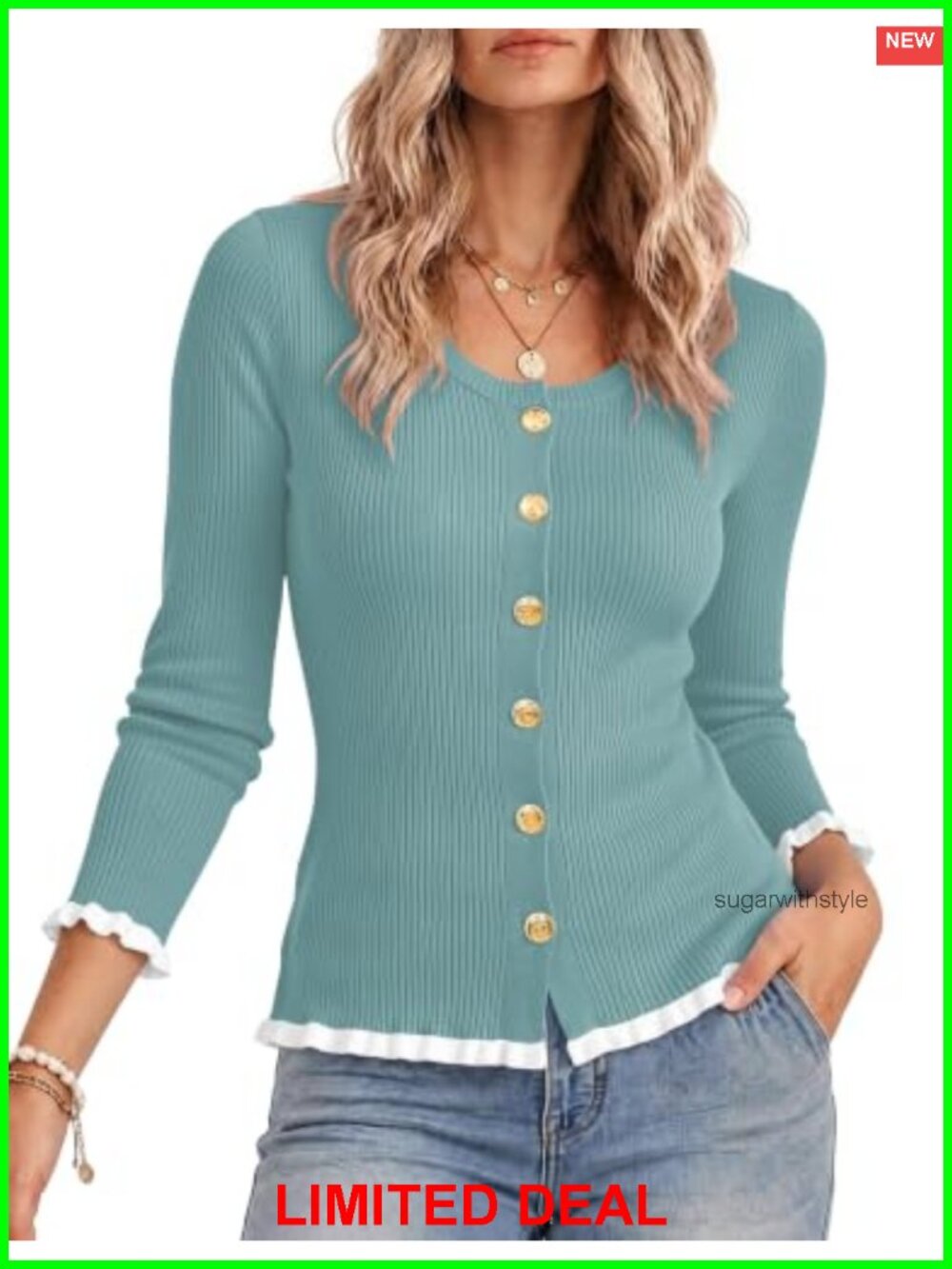LUYAA Ruffle Cardigan Sweater Women Lightweight Long Sleeve Round Neck button
